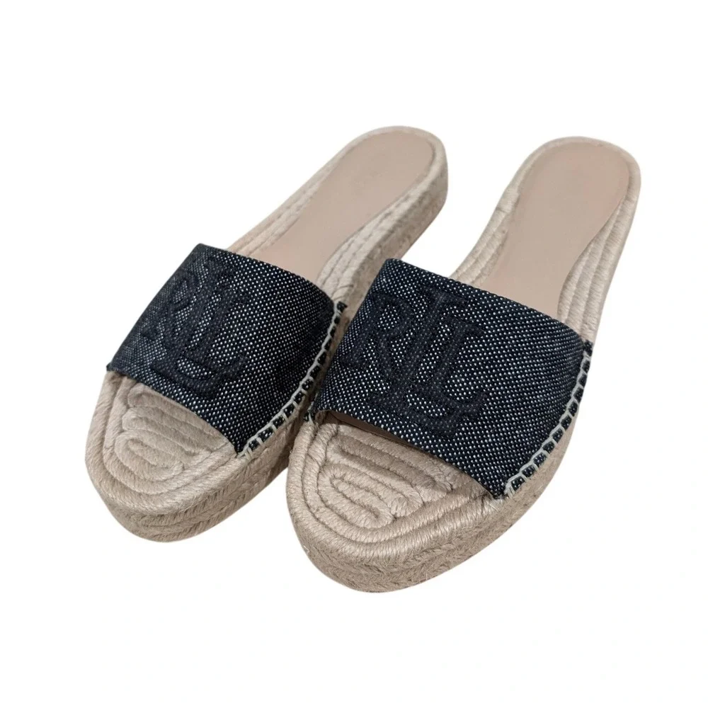 Lauren Ralph Lauren Polly Logo 2 Espadrille Slide Sandals Natural Black 7B NIB